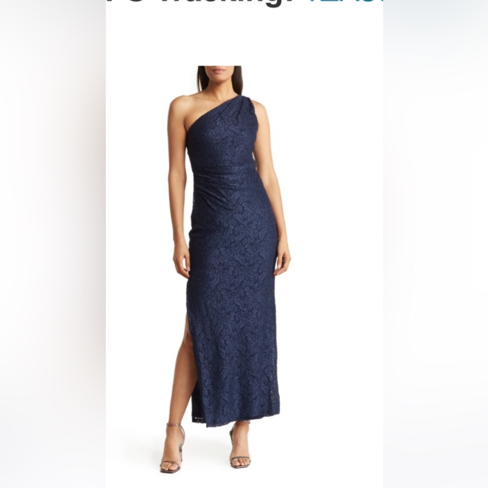 MARINA Navy one shoulder gown